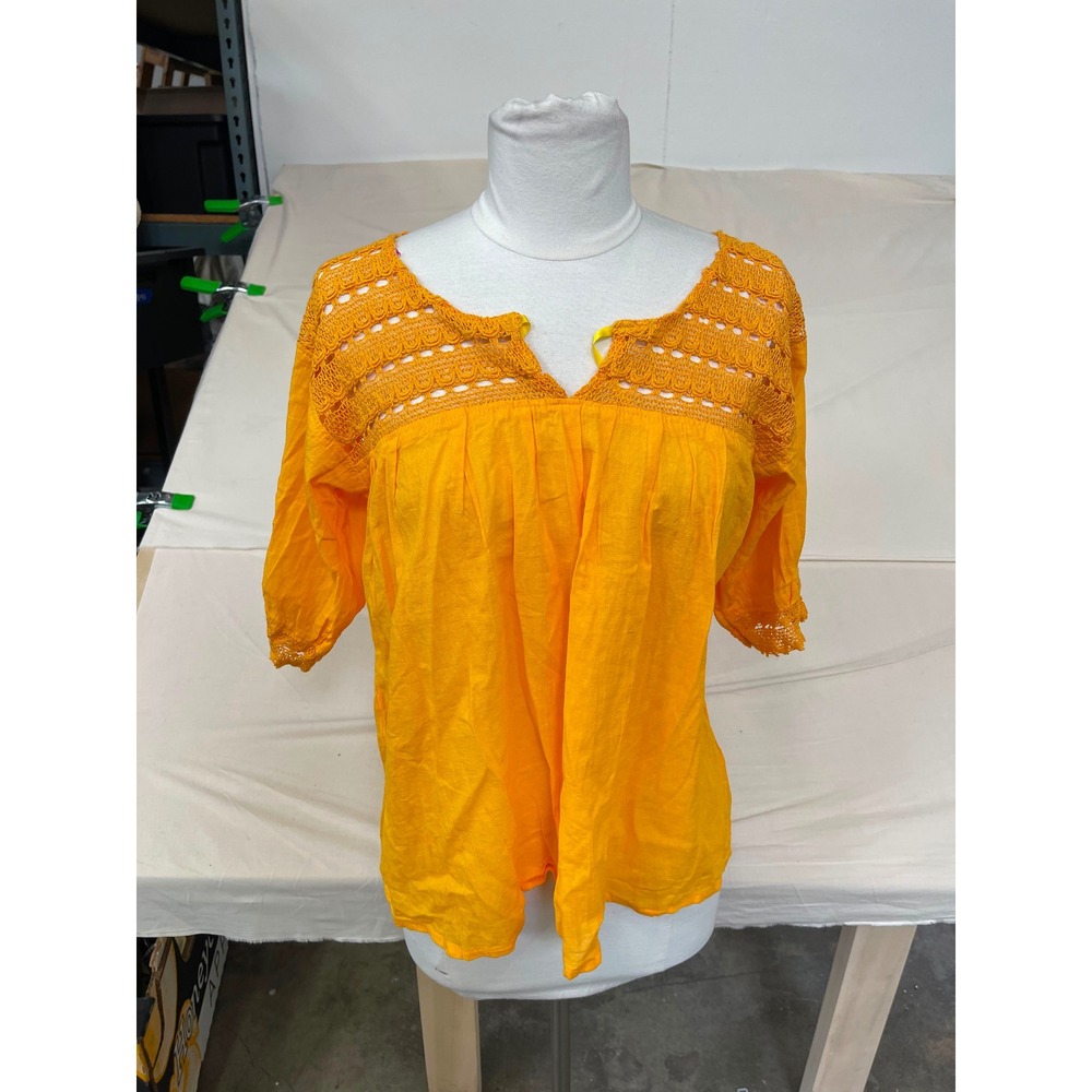 Boho Crochet Lace Yoke Peasant Blouse Orange 3/4 Sleeve Top